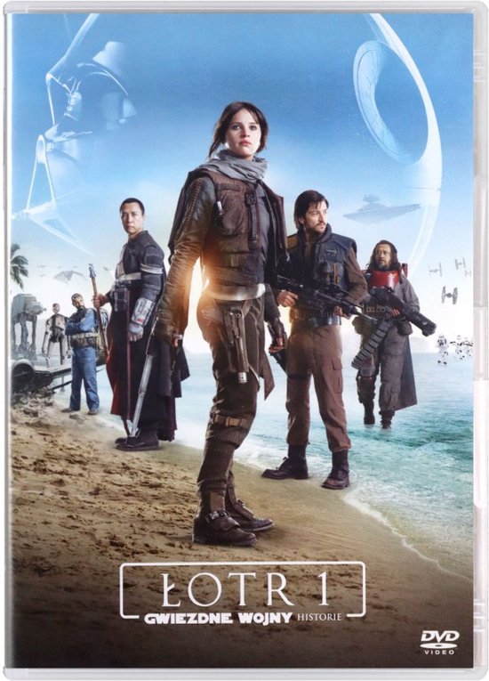 De cast van Rogue One staat op een strand met de Death Star op de achtergrond. Titel: ŁOTR 1 GWIEZDNE WOJNY HISTORIE.