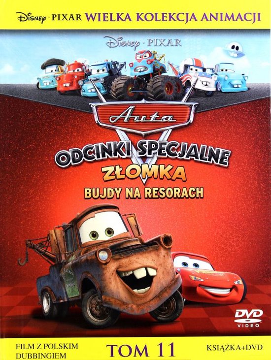 DVD hoes met titel "Auto Złomka bujdy na resorach". Geanimeerde auto's zoals Bliksem McQueen en Takel vooraan.