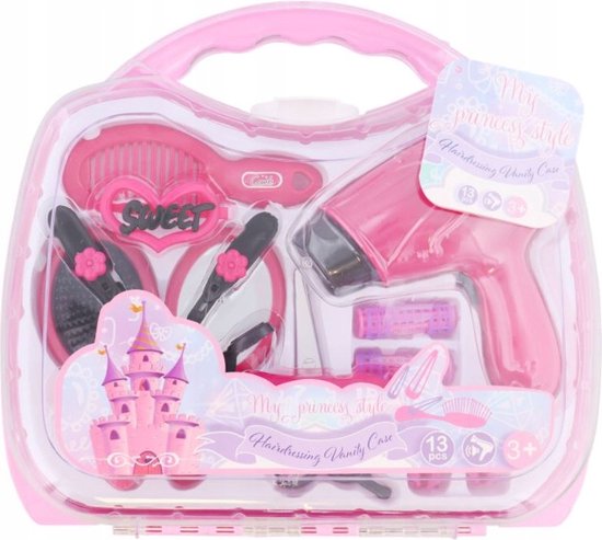 Roze koffer met prinsessenkasteel en kapset: föhn, spiegel, borstels, schaar, kam, strik, knips en rollers.