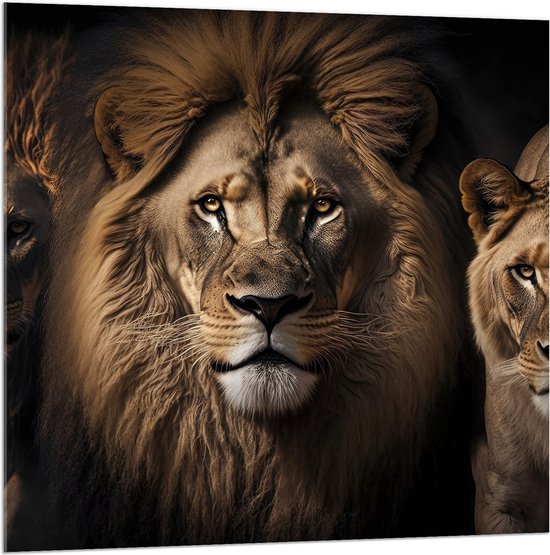 Acrylglas - Portretfoto van Drietal Prachtige Leeuwen - 100x100 cm Foto op Acrylglas (Wanddecoratie op Acrylaat)