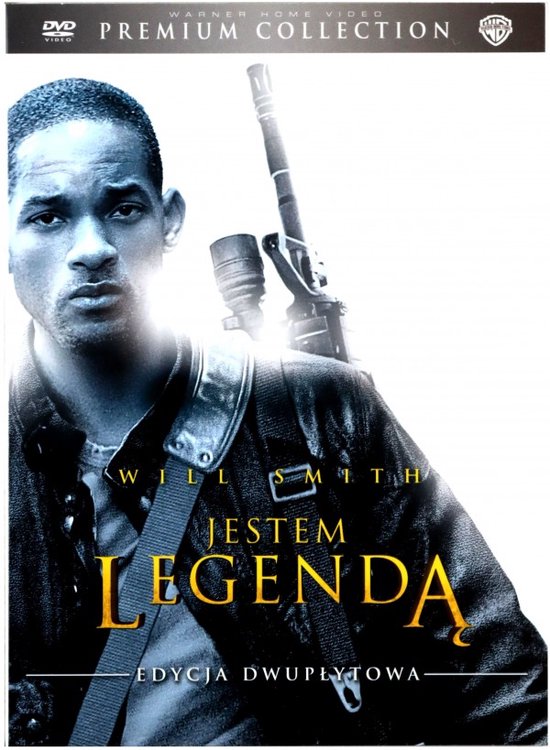 Will Smith, met een geweer over zijn schouder, op de cover van de DVD 'Jestem Legenda'.