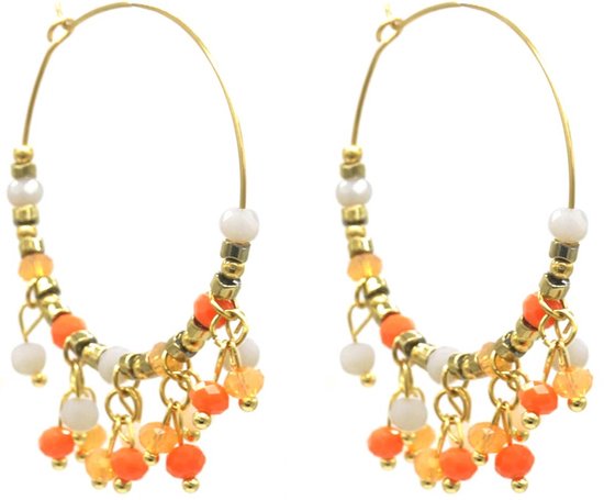 Boucles d'oreilles avec perles de verre - Boucles d'oreilles pendantes - Acier inoxydable - 4x5,5 cm - Oranje