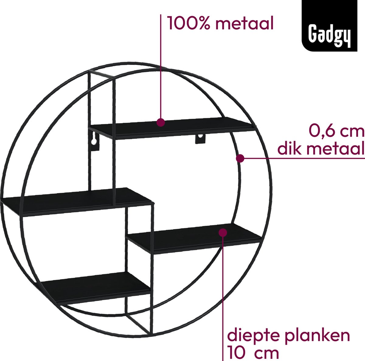 Gadgy Industrieel Wandrek Rond - Zwart Metalen Frame met 4 Houten Planken, Gelast Design met 100% Echt Hout - 42cm x 10cm diep