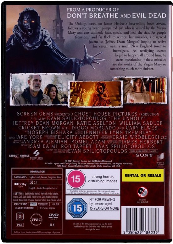 Achterkant van de DVD van The Unholy met filminformatie, beoordelingen en logo's.
