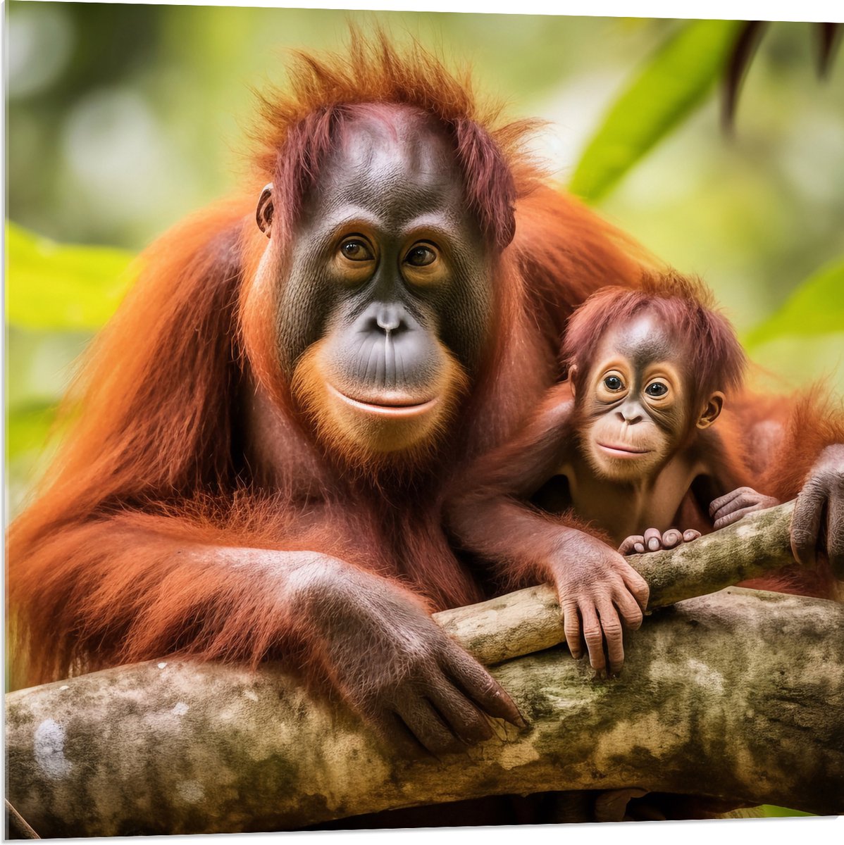 Acrylglas - Orang Oetan Aap met Baby zittend bij Takken - 80x80 cm Foto op Acrylglas (Met Ophangsysteem)
