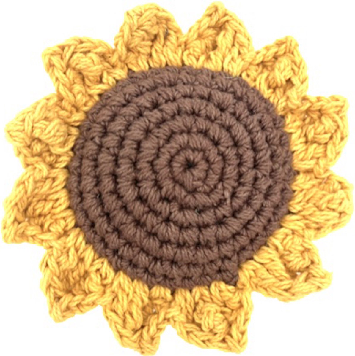 Luna-Leena duurzame zonnebloem broche - geel en bruin - bio katoen - hand gehaakt in Nepal - sunflower brooche - bloem - zomer - accesoire - cadeau