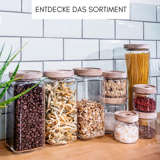 Kadum 750 ml vierkante voorraadpotten met bamboedeksel, set van 3, vierkante luchtdichte voorraaddozen, voor het bewaren van pasta, pasta, meel, grote kruidenpotjes voor koffie, thee