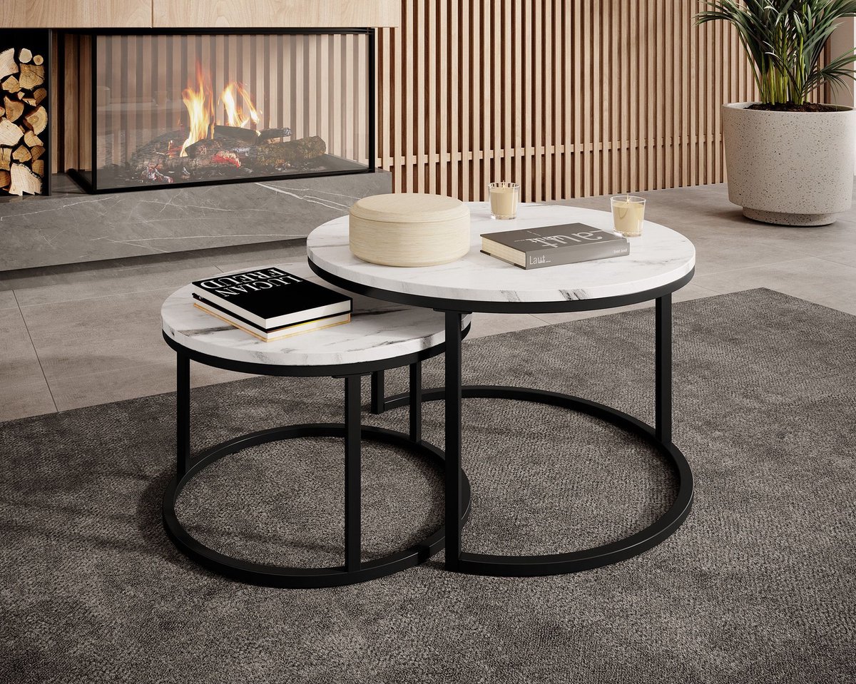 MEUBELLA Salontafel Rica - Wit marmerlook - Set van 2 Wit|Zwart