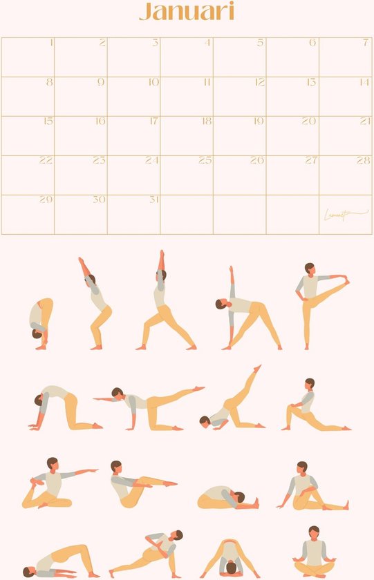 Kalender met 13 yoga poses in geel en grijs sportkleding voor januari.