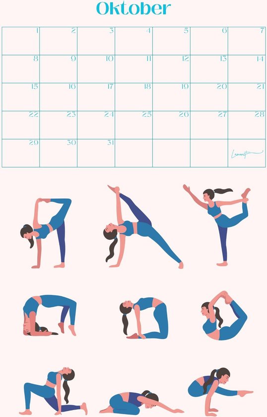 Kalender met 9 yoga poses in blauwe sportkleding voor oktober.
