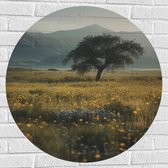 Muursticker Cirkel - Eenzame Grote Boom tussen Bloemen in het Veld - 80x80 cm Foto op Muursticker
