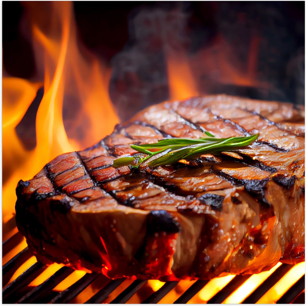Poster Glanzend – Brandende Steak op Barbecue - 50x50 cm Foto op Posterpapier met Glanzend