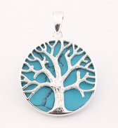 Ronde zilveren hanger met levensboom op blauwe turkoois
