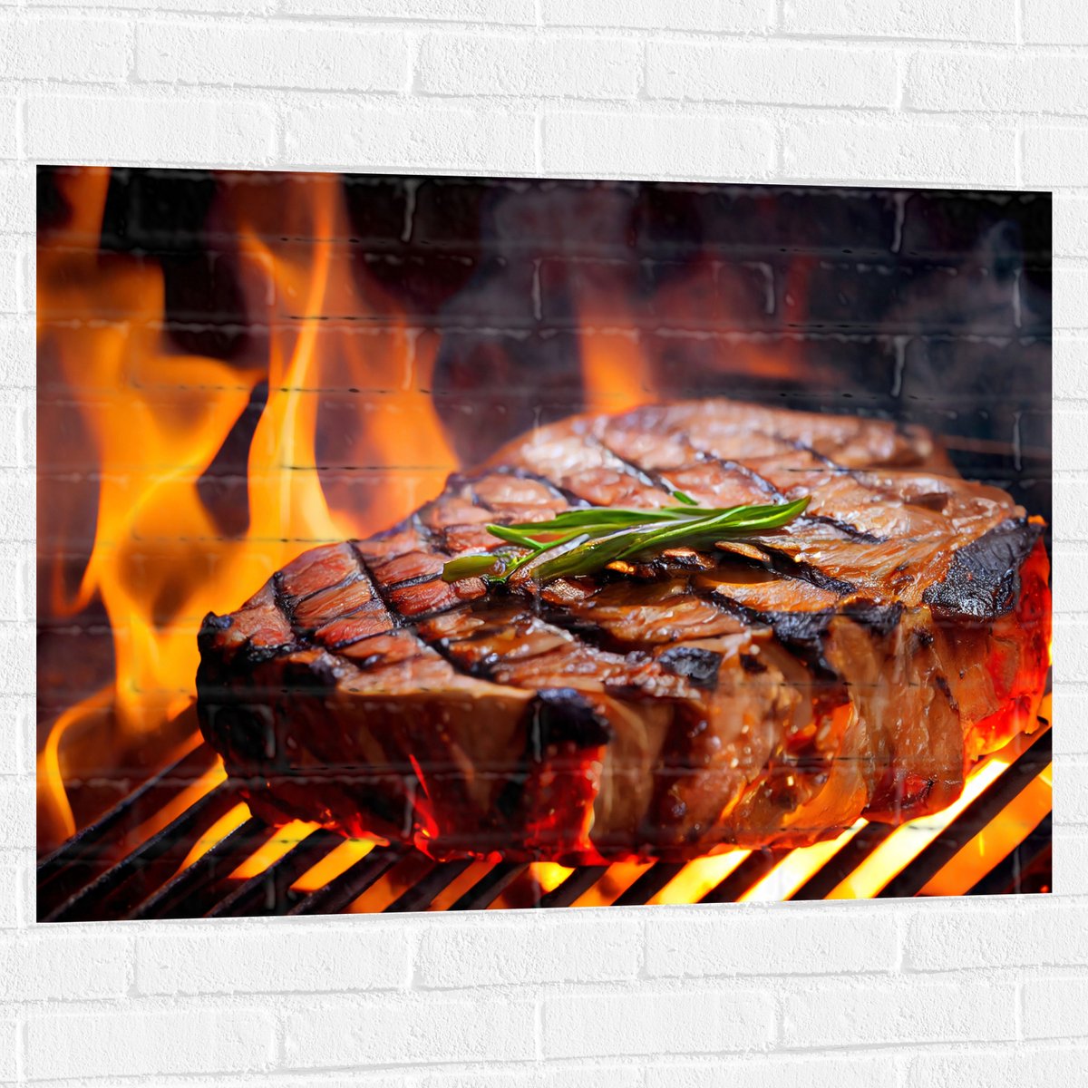 Muursticker - Brandende Steak op Barbecue - 100x75 cm Foto op Muursticker