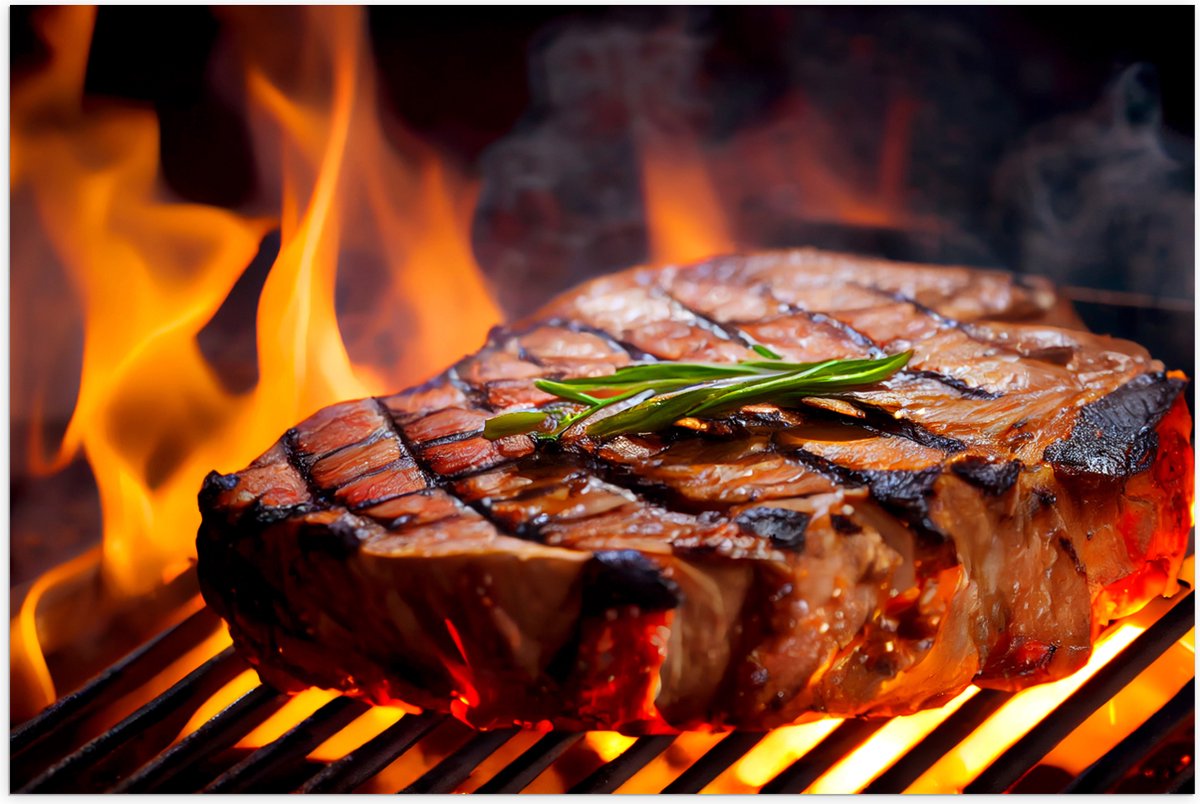 Poster Glanzend – Brandende Steak op Barbecue - 75x50 cm Foto op Posterpapier met Glanzend