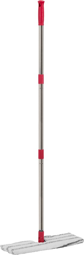 Dweil met zilverkleurige steel en rode accenten, met een wit/grijs gestreept microvezeldoek.