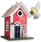 Vogelhuis - Landhuis van hout, decoratieve nestkast in rood, vogelhuis om op te hangen, vogelvoeder in Zweedse huisstijl, nesthulp, vogelhuis voor tuin, balkon, terras