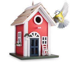 Vogelhuis - Landhuis van hout, decoratieve nestkast in rood, vogelhuis om op te hangen, vogelvoeder in Zweedse huisstijl, nesthulp, vogelhuis voor tuin, balkon, terras