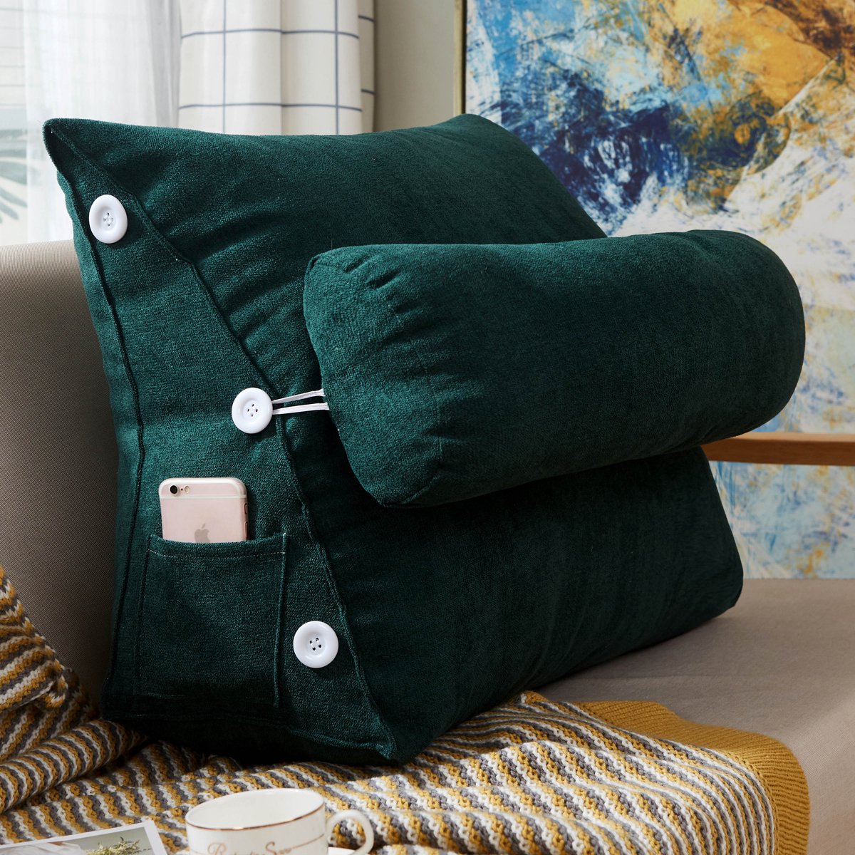 Leeskussen - Kussen voor lezen - Voor in Bed en Bank - Rugkussen - Boekenkussen met Kussenrol - Comfortabel Leeskussen - Bookseat - Meditatiekussen - Rugkussen onderrug - Groen