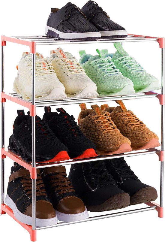 Klein schoenenrek met 4 niveaus, schoenenrek voor maximaal 8 paar schoenen voor entree/kast voor ruimtebesparend opbergen (roze)