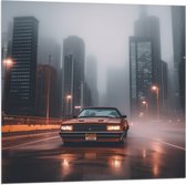 Vlag - Auto - Stad - Gebouwen - Rijden - Lichten - Avond - 80x80 cm Foto op Polyester Vlag