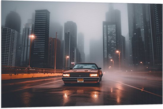 Vlag - Auto - Stad - Gebouwen - Rijden - Lichten - Avond - 90x60 cm Foto op Polyester Vlag