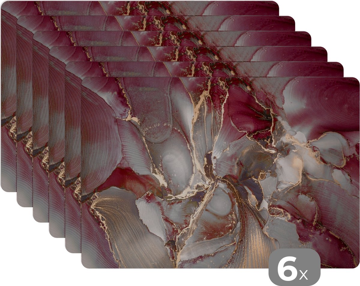 Placemats - Marmer - Goud - Paars - Onderleggers placemat - 45x30 cm - 6 stuks