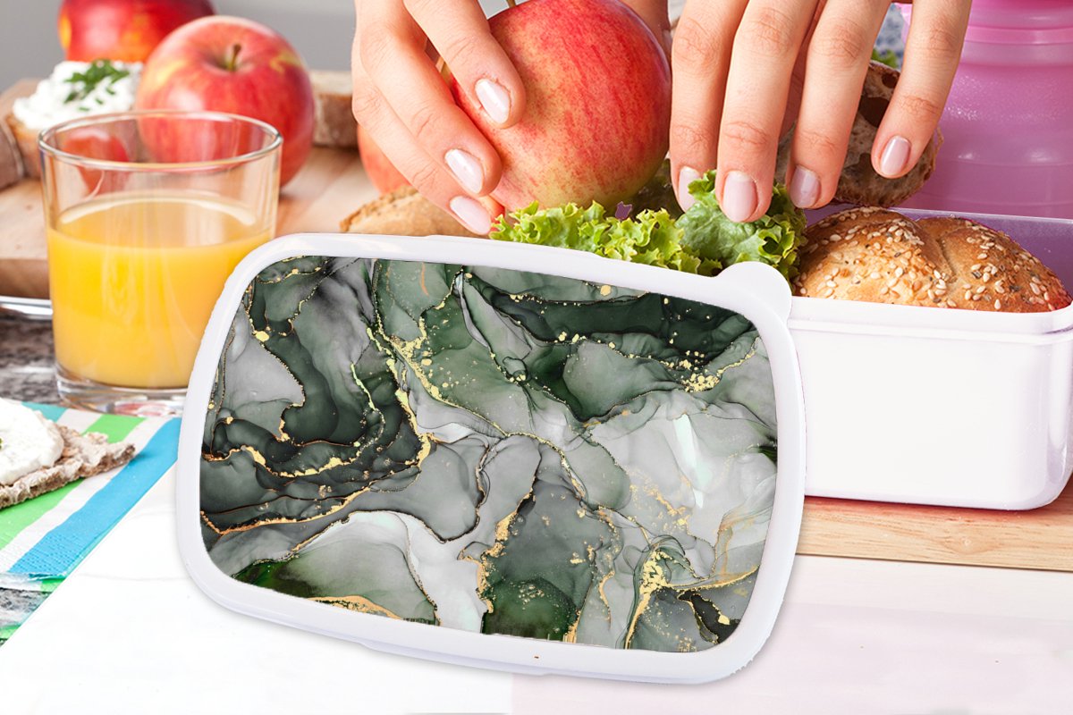 Broodtrommel Wit - Lunchbox - Brooddoos - Luxe - Marmer - Groen - 18x12x6 cm - Volwassenen
