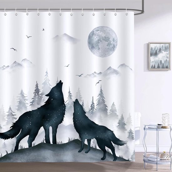 SMchwbc Lot de 4 rideaux de douche Loup Lune Forêt Loup Rideau de douche 180 x 200 cm Loups Textile Forêt Animal Rideaux de douche Polyester Tapis de salle de bain Lot