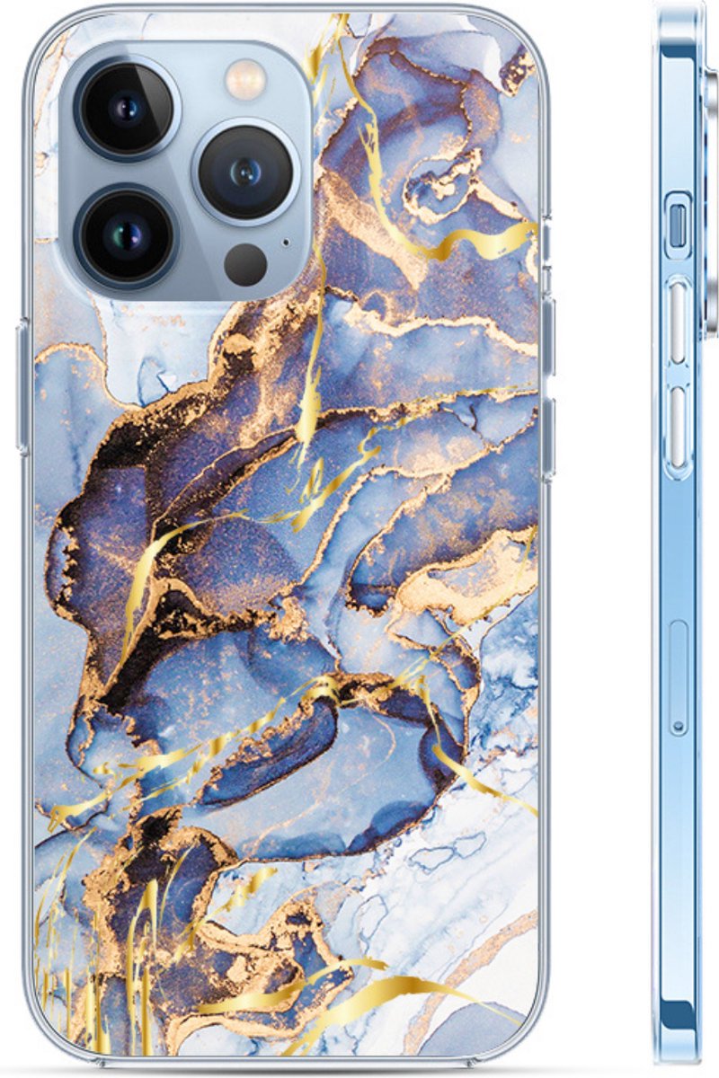 Hoozey - Hoesje geschikt voor Apple iPhone 15 Pro Max - Watercolor print - Donker Blauw / Goud