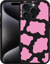 Cazy Hoesje Zwart geschikt voor iPhone 15 Pro Roze Koeienvlekken