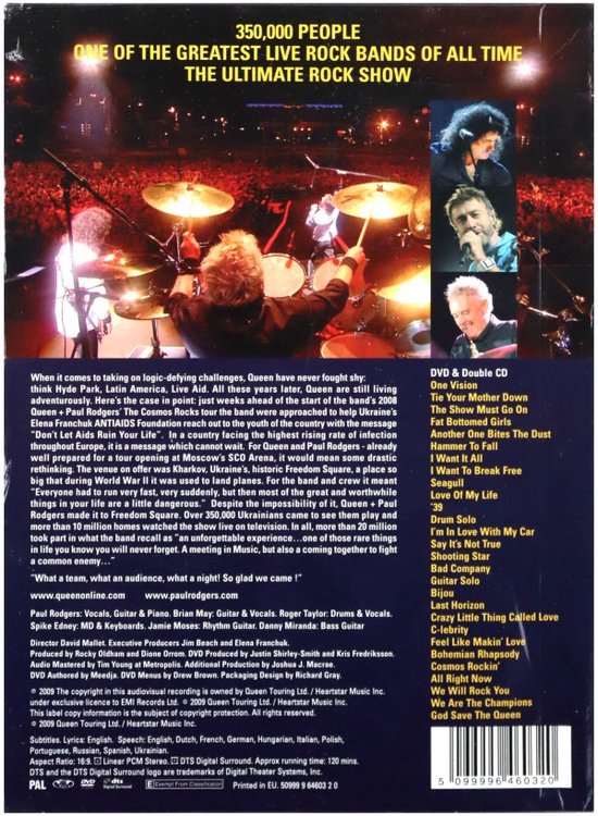 Queen + Paul Rodgers Live in Ukraine DVD & CD. Drums, bandleden en tracklist.