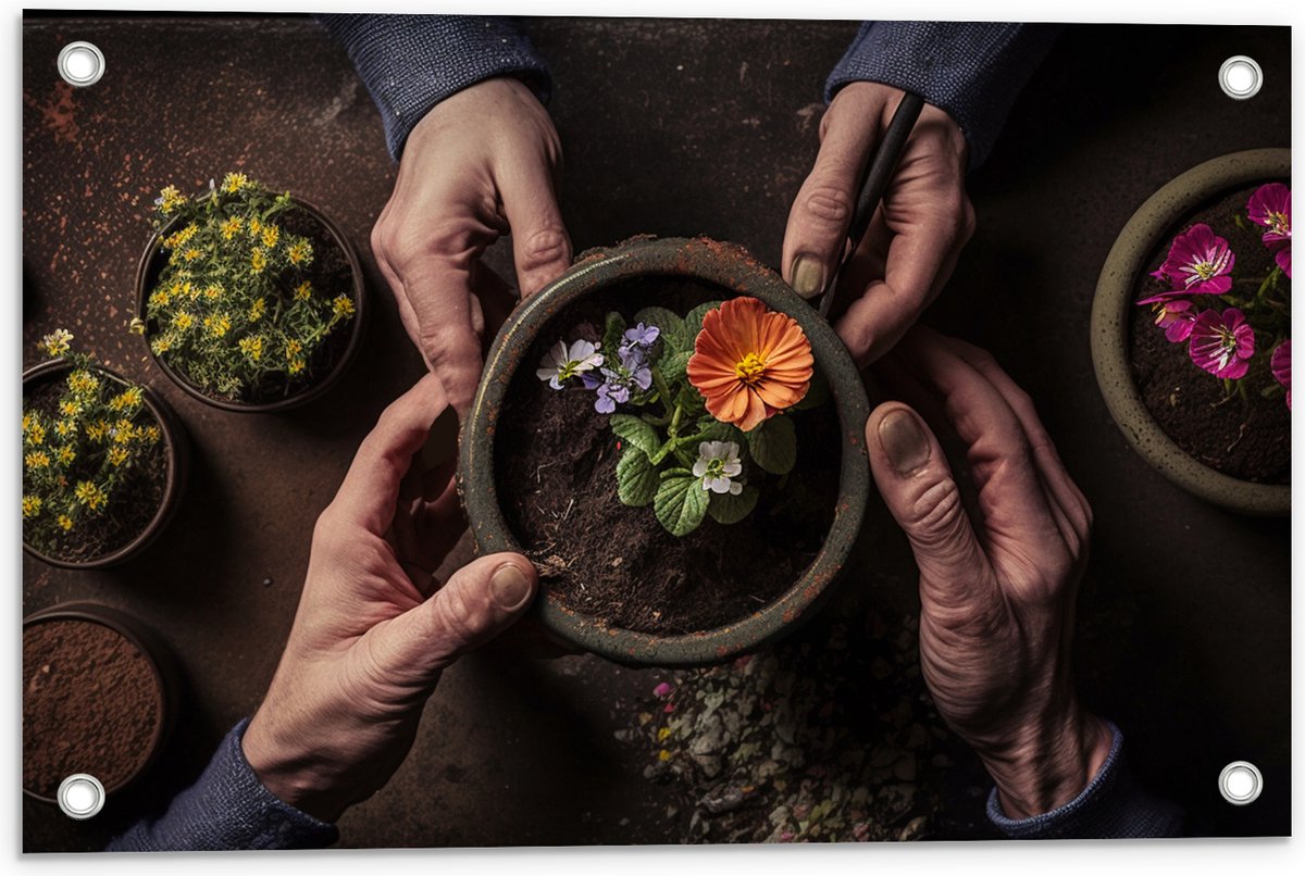 Tuinposter – Bloemen - Bloempot - Potgrond - Handen - 60x40 cm Foto op Tuinposter (wanddecoratie voor buiten en binnen)