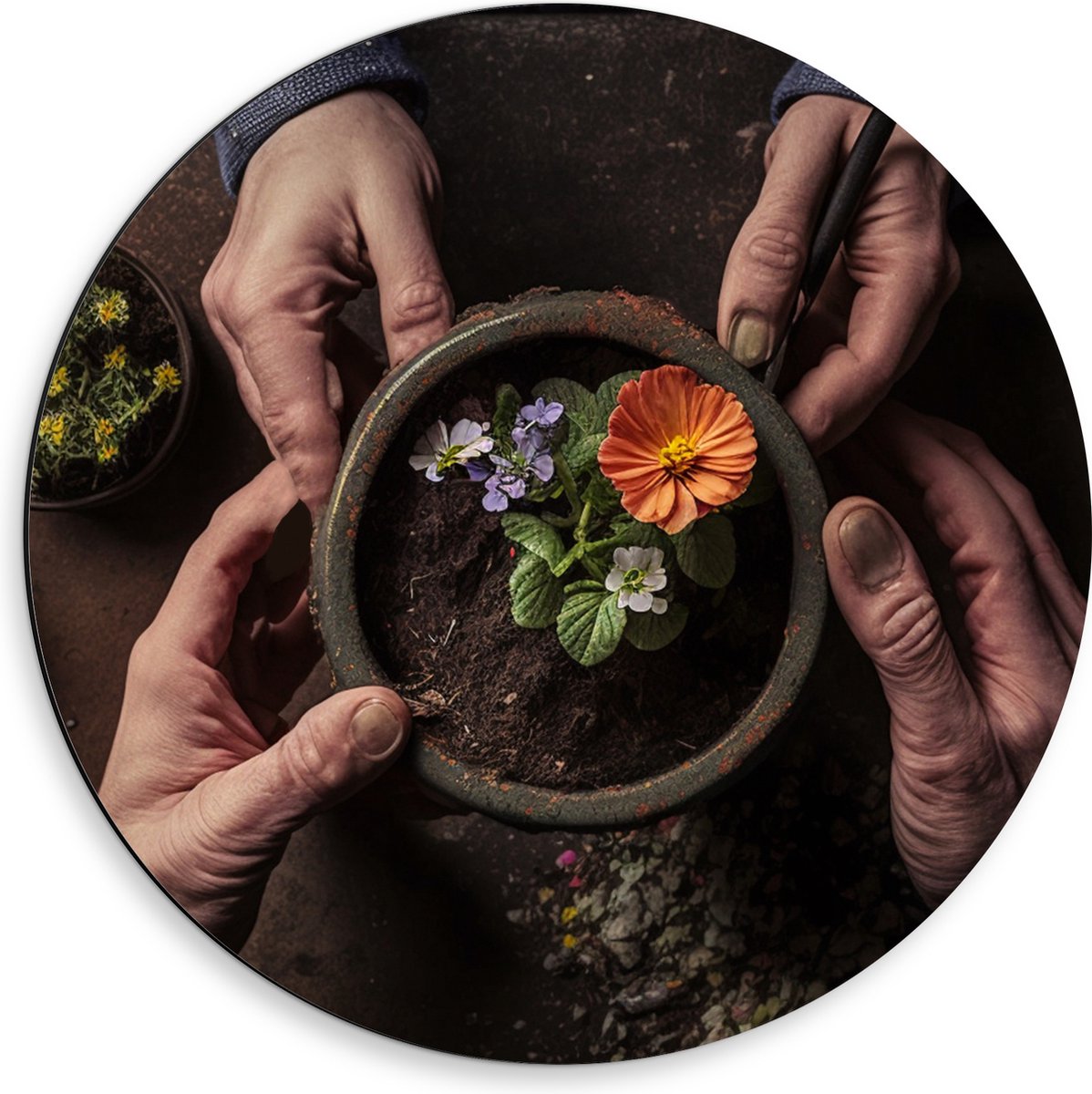Dibond Muurcirkel - Bloemen - Bloempot - Potgrond - Handen - 50x50 cm Foto op Aluminium Muurcirkel (met ophangsysteem)
