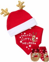 Babytown - Baby Geschenkset - Kerst Kertsmis Muts, Sokjes & Bandana Slabbetje "Santa's little helper" Met Gouden Gewei - Rood/wit/beige/goud - 0-6 mnd