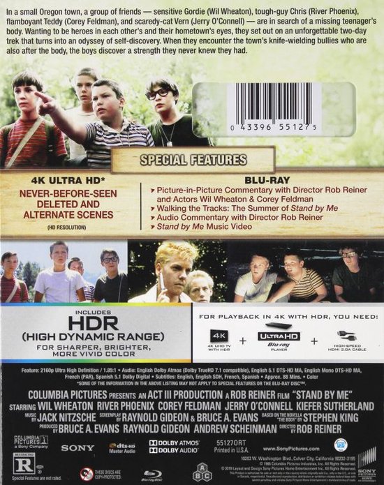 Achterkant van de "Stand By Me" 4K Ultra HD Blu-ray, met productinformatie, speciale functies en foto's van de cast.