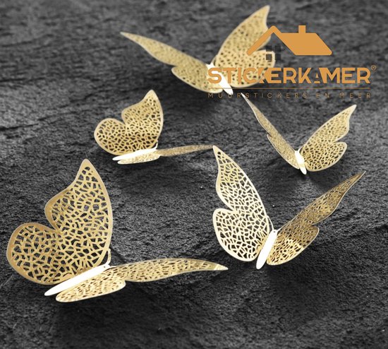 3D vlinders Goud Muurstickers (4 x Groot, 4 x Medium en 4 x Small) | Kinderkamer | Jongens - meisjes | Verwijderbaar - zelfklevend plakfolie | Huis inrichting | Stickerkamer®