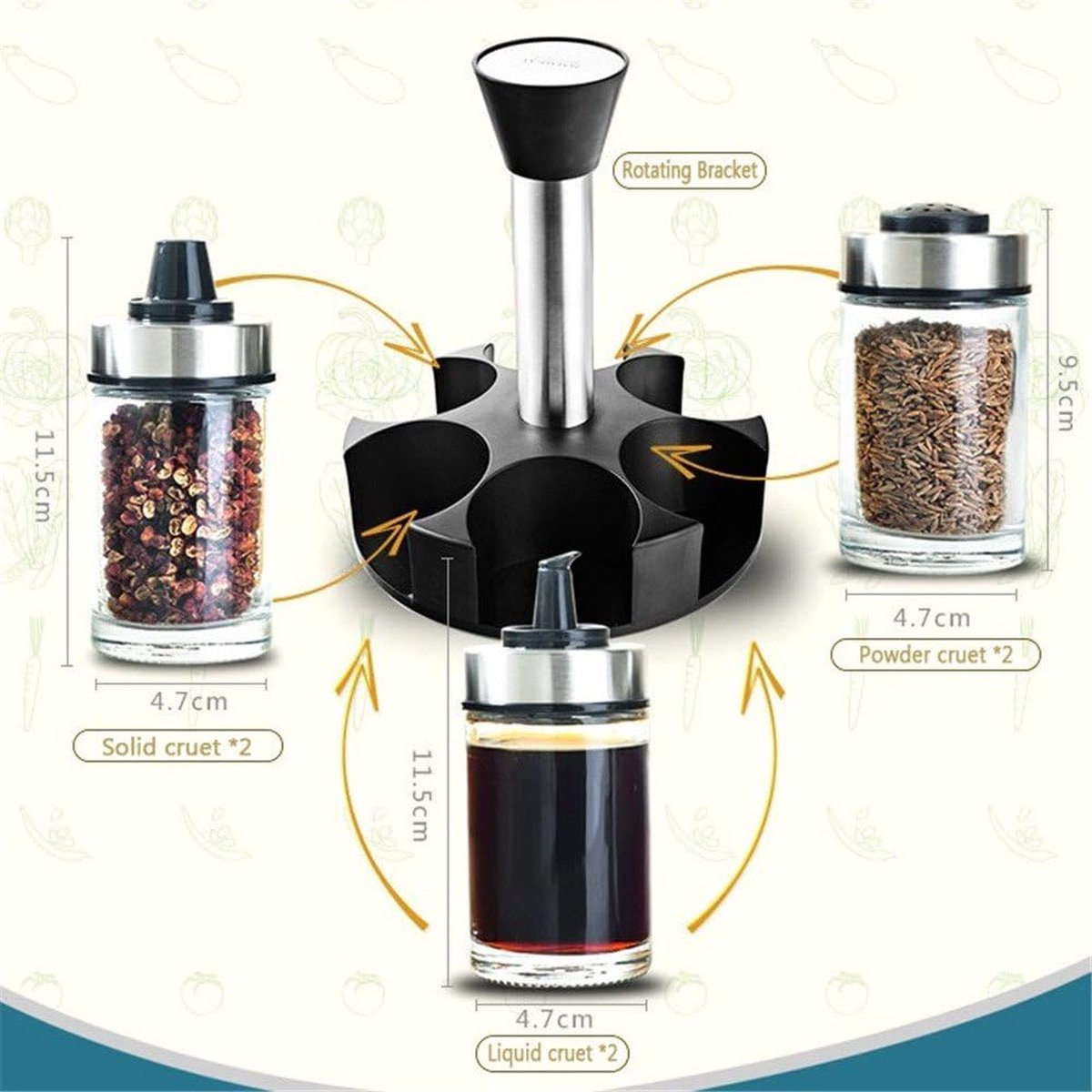 Kruidenpot olie schenkfles zout en peper shakers glazen potten met roterende beugel, 100ml (6-pot)