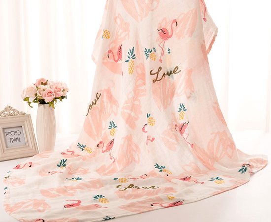Triplepack 3x BoefieBoef Tropische Flamingo Grote XL Hydrofiele Doek Baby - Duurzaam Eco Bamboe - Swaddle, Inbakerdoek, Hydrofiele Luier & Babydeken - Roze Ananas Wit — afbeelding 4