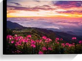 Canvas - Bergen - Bloemen - Uitzicht - Wolken - Zonsondergang - Kleuren - 40x30 cm Foto op Canvas Schilderij (Wanddecoratie op Canvas)