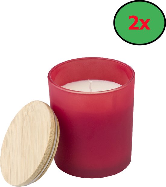 Set van 2 Geurkaarsen in herbruikbaar glas met Bamboe deksel Rood ( Kaneel aroma)