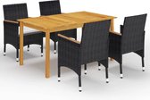 The Living Store Tuinset - Acaciahouten eettafel met PE-rattan stoelen - Zwart - 150x90x74 cm