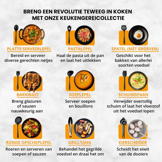 Collage van negen zwarte keukengerei items met bijbehorende gerechten.