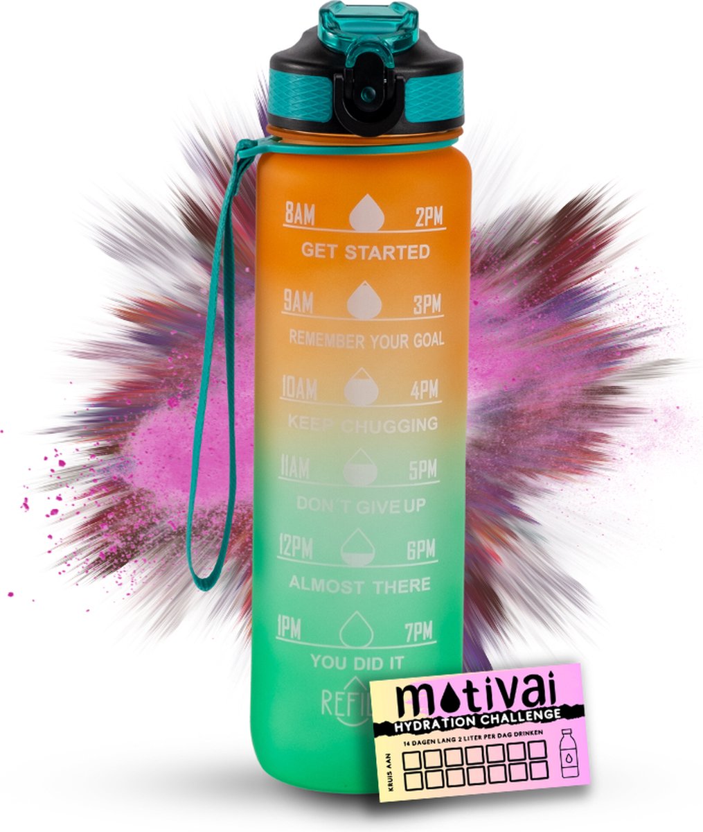 Motivatie Waterfles Motivai® - Oranje/Groen - Inclusief Extra Afsluitklepje - 1 Liter - Motiverende Drinkfles met Rietje - BPA Vrij - Met Motivai® Hydration Challenge