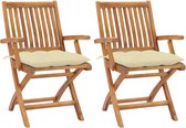 Chaises de jardin The Living Store - Set de 2 - Bois - Pliable - Avec coussins d'assise épais - Couleur crème