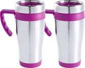 Warmhoudbeker/thermos isoleer koffiebeker/mok - 2x - RVS - zilver/roze - 450 ml - Reisbeker