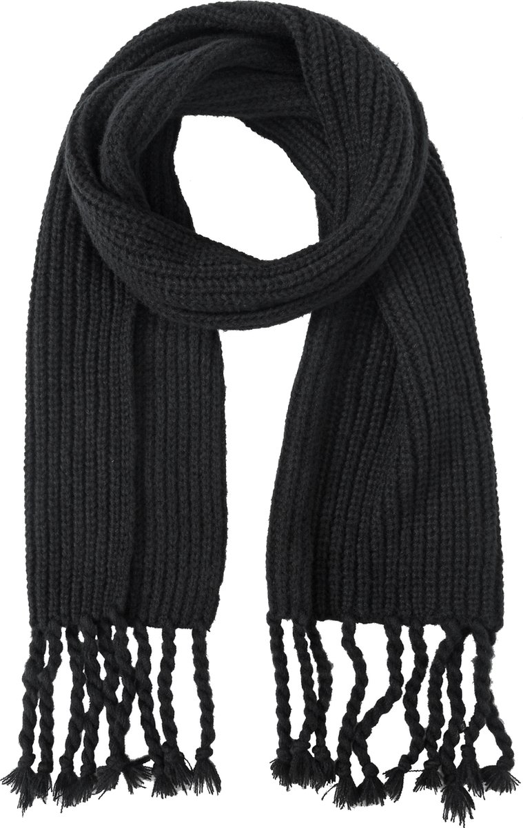 Nouka Zwarte Dames Sjaal - Gebreid Patroon en franjes – Warme & Lichte Sjaal – Herfst / Winter – 30 x 180 cm