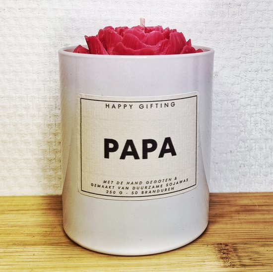 Papa - Soja was geurkaars - Rode roos - Kaarsglas glanzend wit - Kaneel geur - 250 gram - 50 branduren - Geurkaars - Kaars - Kaars met tekst - Soja was – Soy wax – Handgemaakt – Cadeau – Cinnamon - Geschenk – Duurzaam