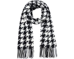 Nouka Zwart & Witte Dames Sjaal – Dikke & Warme Sjaal – Pied–de–Poule Patroon - Herfst / Winter – met Franjes – 70 x 180 cm