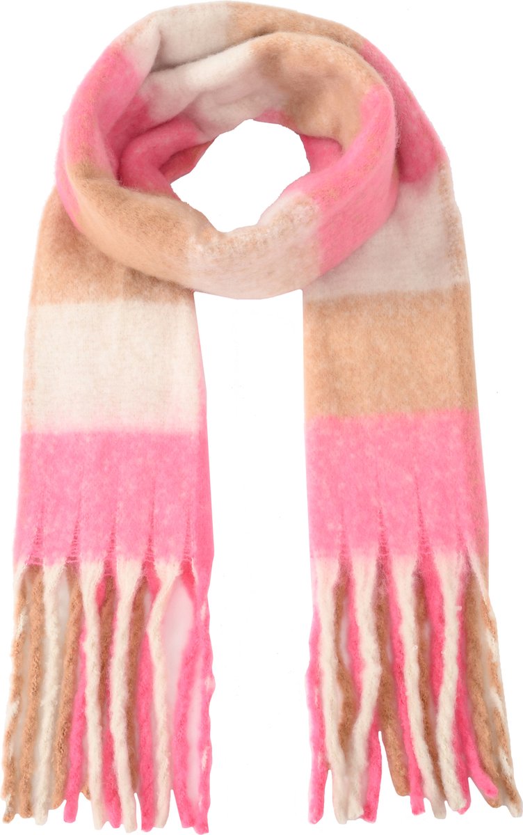 Nouka Roze & beige multicolor Dames Sjaal – met Geruit / Geblokt patroon - Dikke & Warme Sjaal – Sjaal met Franjes - Herfst / Winter – 35 x 180 cm